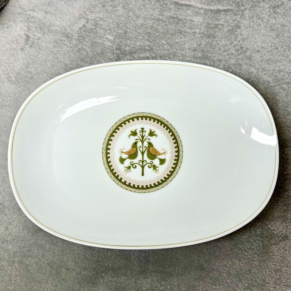 Noritake China Hermitage Birds Pattern Rectangular Platter Plate green brown
